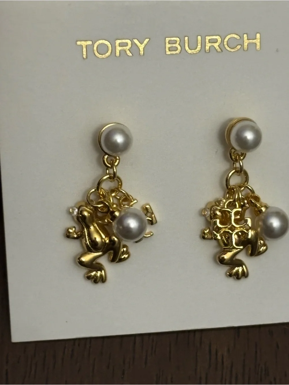 Brand new Tory Burch Gold plated Frog Drop Earrings with White Pearls